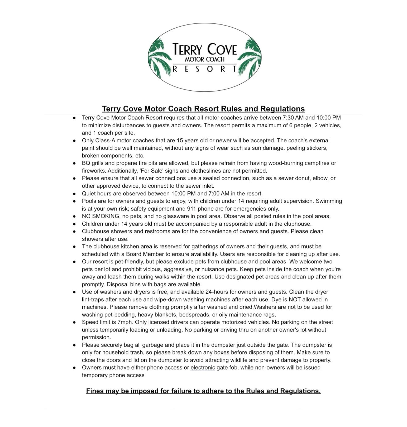 Terry Cove Motor Coach Resort official Rules and Regulations document
