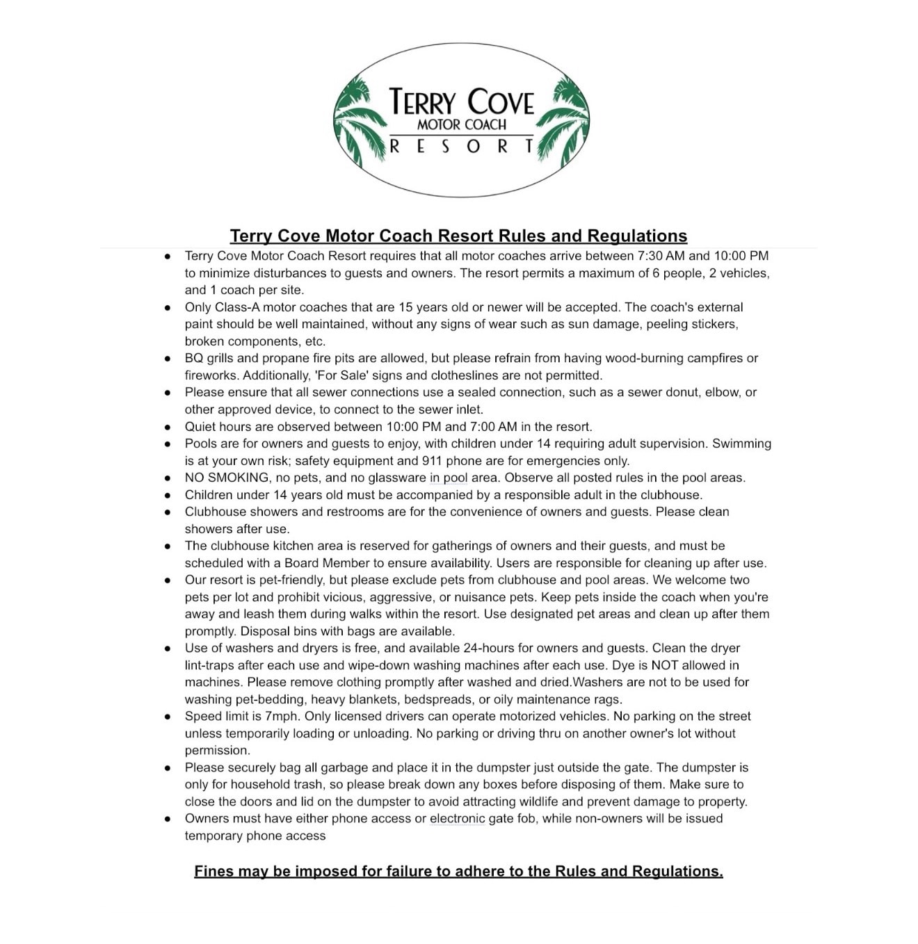 Terry Cove Motor Coach Resort official Rules and Regulations document