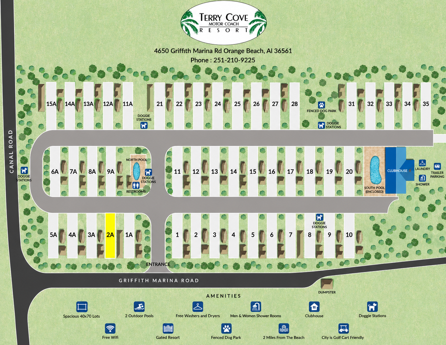 Site map of Terry Cove Motor Coach Resort showing all lots and amenities